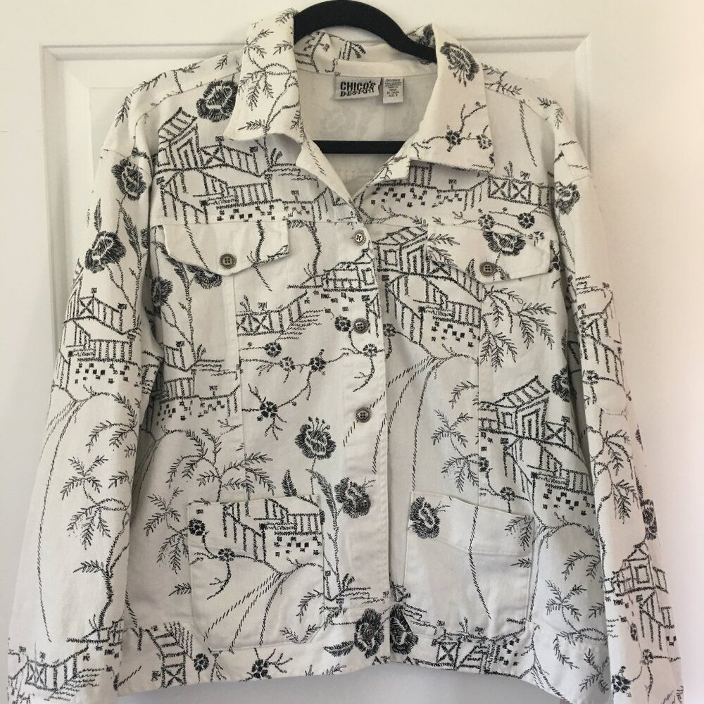 Chico's Designer Denim Jacket White and Black Size 3 Chico Size